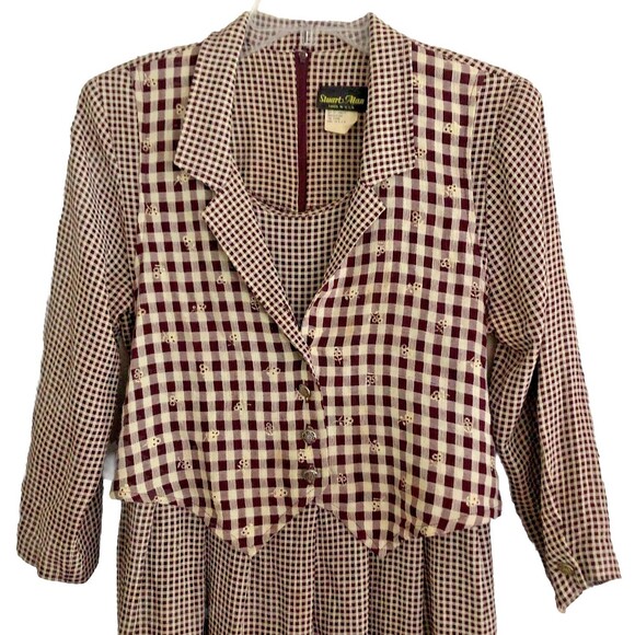 Stuart Allen Gingham Dress Womens Sz 8 VTG 70s USA Midi Vest Cottagecore Pockets - Picture 2 of 15
